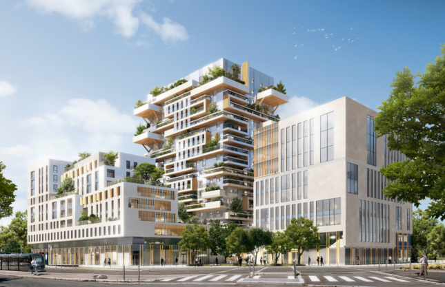 Rendering of a mass timber development with 16-story tower featuring cantilevering floors and lots of greenery