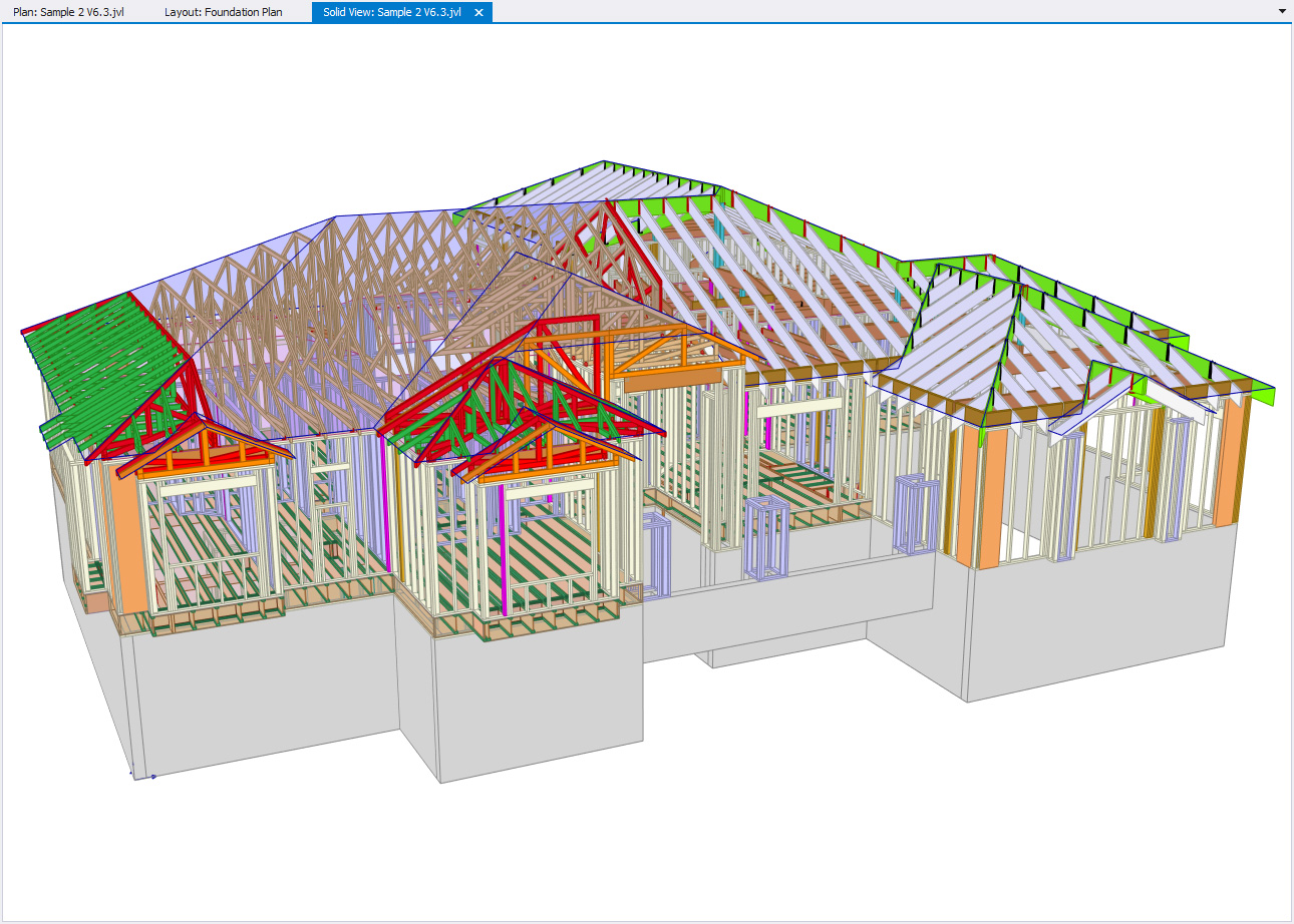 Screenshot of timber construction software showing joists and beams on a house
