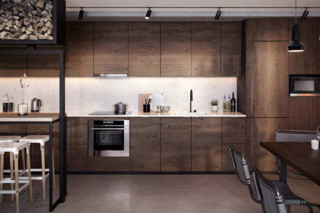 Photo of a kitchen system with wood cabinets from KOVA