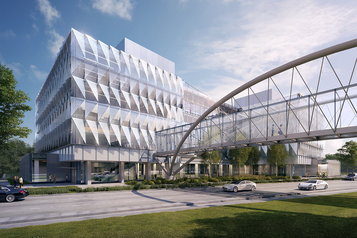 Rendering of the Knight Campus, showing a tessellating glass curtain wall and a footbridge