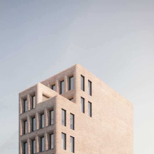 Rendering of a brick building with rounded edges