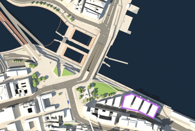 Image illustrating the future location of the Nobel Center, showing a map of a riverfront neighborhood