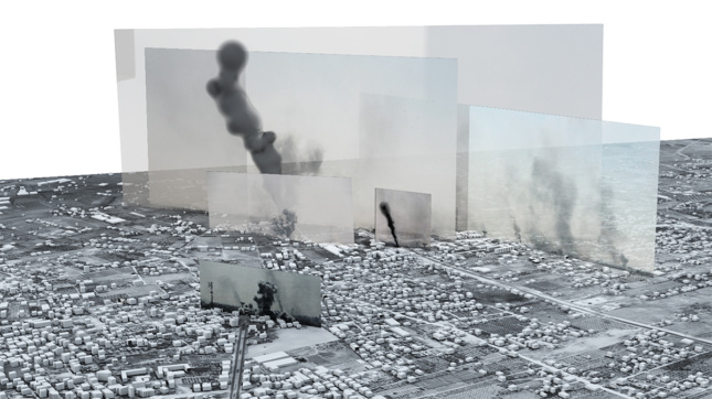 A render of a cityscape of Gaza with photos showing smoke from bombs floating above.