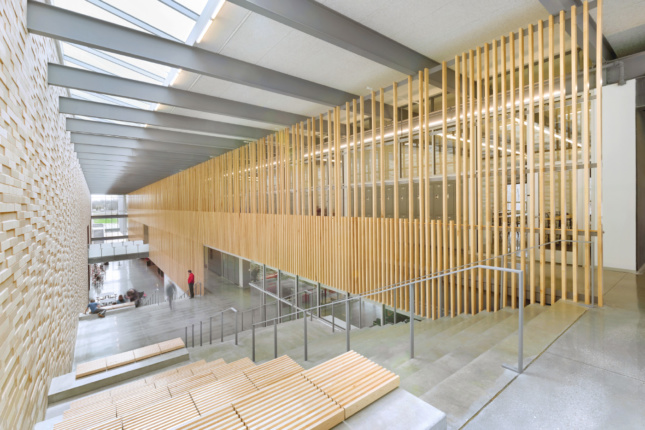 Interior photo of a school with a timber screen