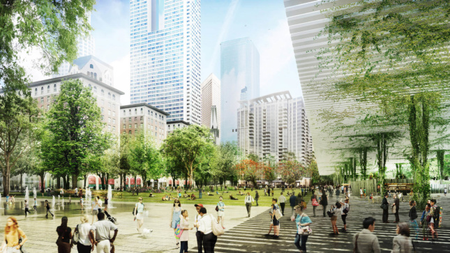Rendering of the new Pershing Square, with tree-lined walkways