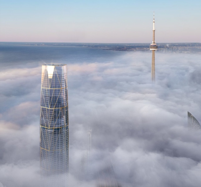 Rendering of skyscraper above the clouds in Toronto, across from CN Tower