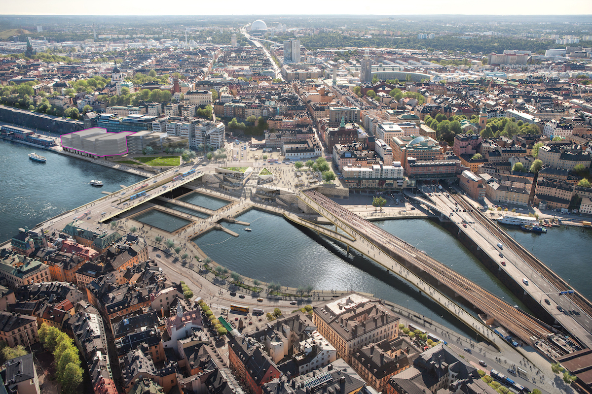 an overhead view of Stockholm's redeveloped Slussen district
