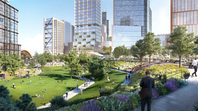 Rendering of a park along the riverfront in Chicago with towers in the background