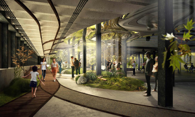 conceptual illustration of underground park in Manhattan, with solar tubes to bounce light around