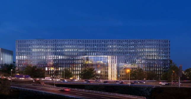 rendering of MVRDV’s blocky, glass-clad "groundscraper" in Amsterdam, which will land in Tripolis Park