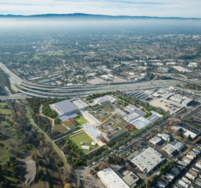 Aerial rendering of a Microsoft tech campus