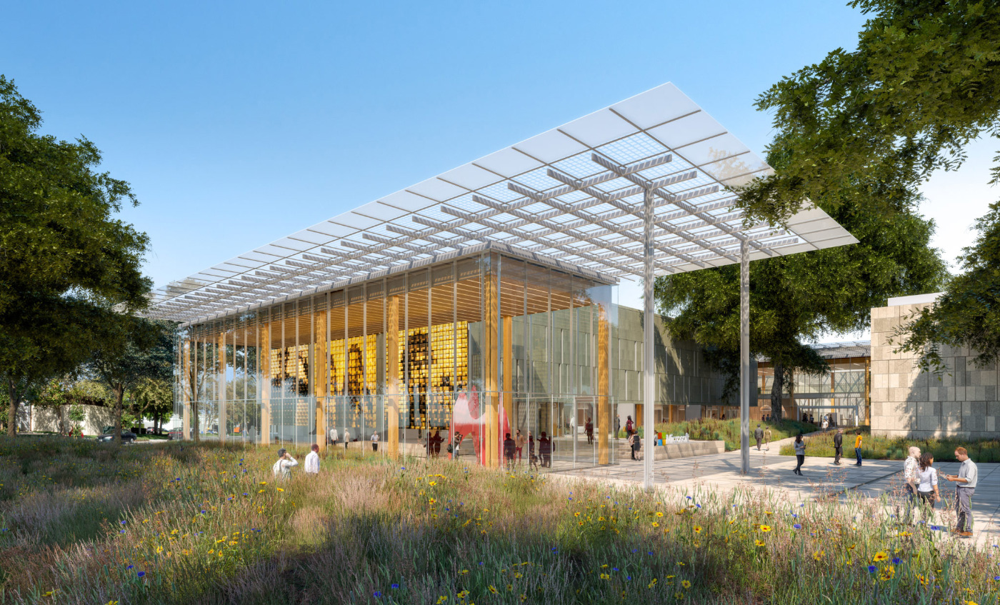 Rendering of a timber office building for Microsoft with a hanging pergola