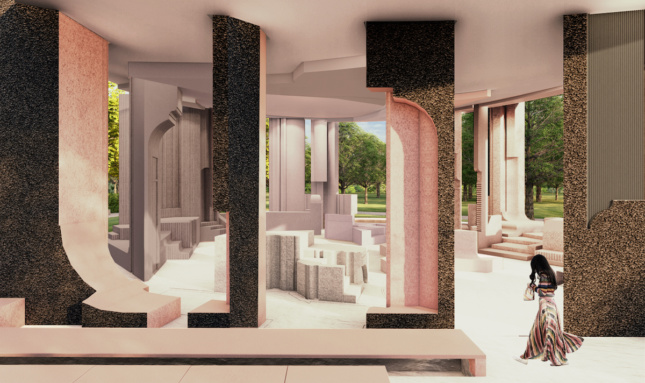 Interior rendering of open-air pavilion with cork-built columns and seating areas