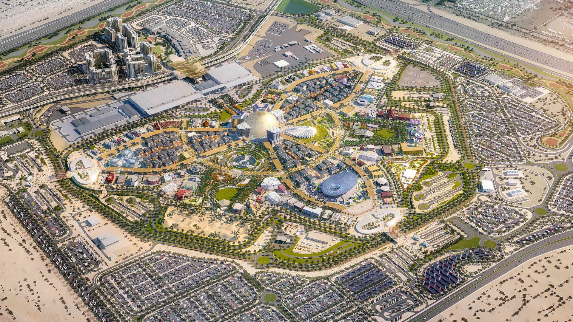 An aerial rendering of the fairgrounds at Expo 2020 Dubai