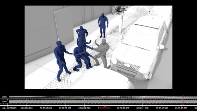 A render of five police officers attacking a gray figure. Below is timing data.