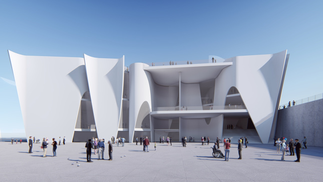 Rendering of a museum with swooping terraces and curves and cutaways