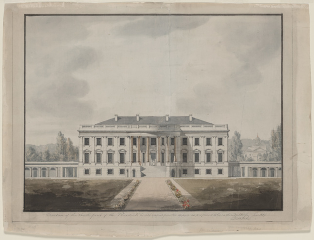 A plate engraving of the White House, realized in the neoclassical style