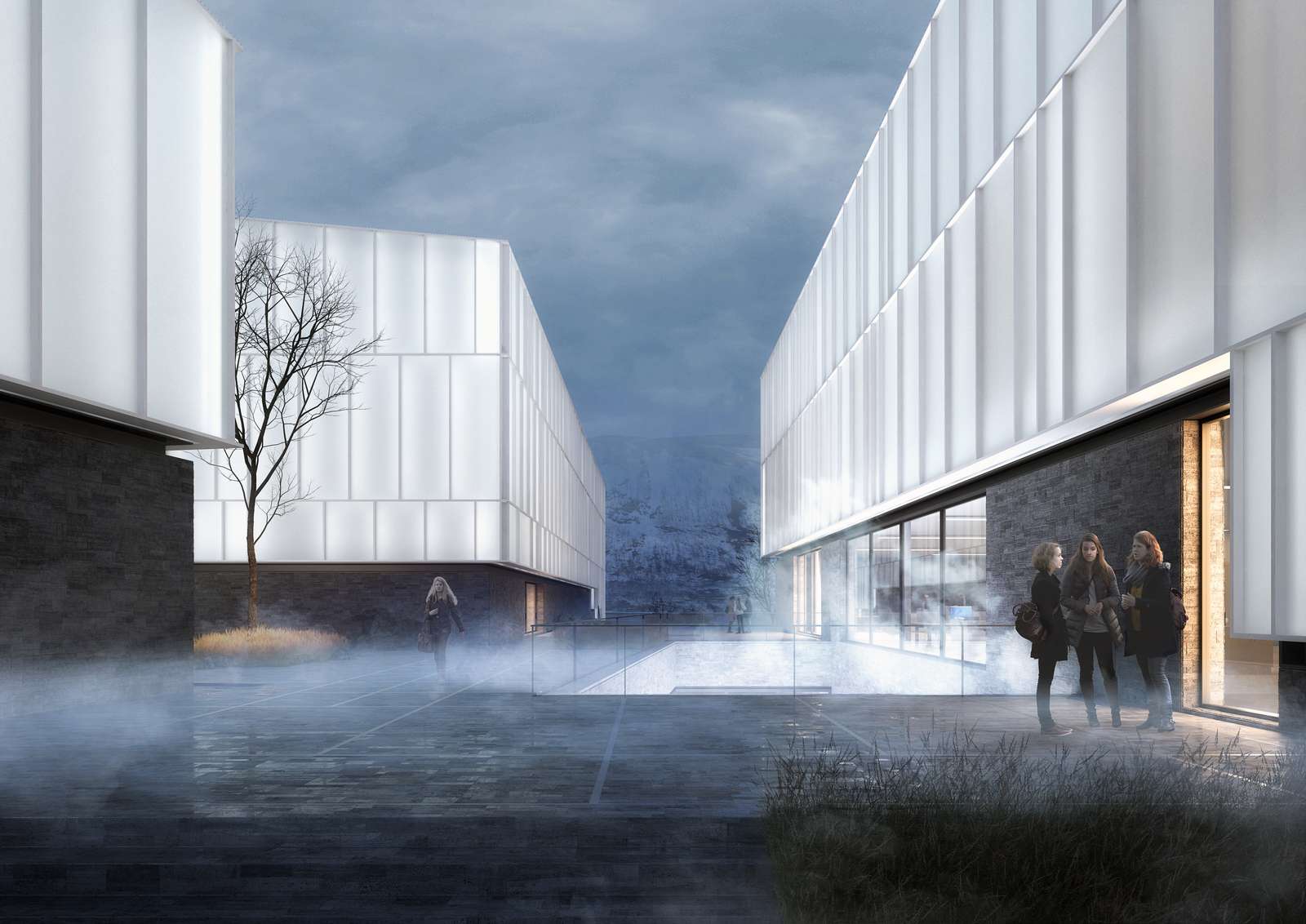 illustration of a museum in norway, the new arctic museum, with glowing white volumes