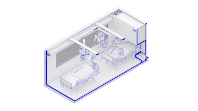 Side diagram of a CURA shipping container turned into a 2-bed hospital