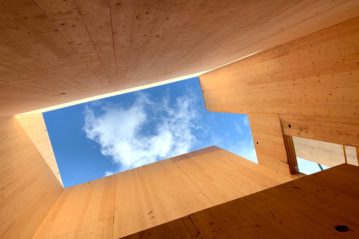 Looking upward through plywood panels to the sky