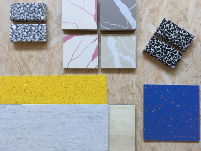 Material palette showing terrazzo on OSB background