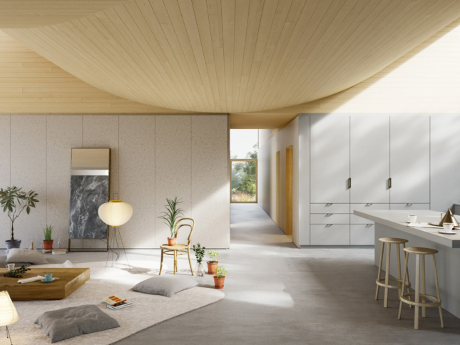 Interior rendering of a white home designed by WOJR with a sloping roof