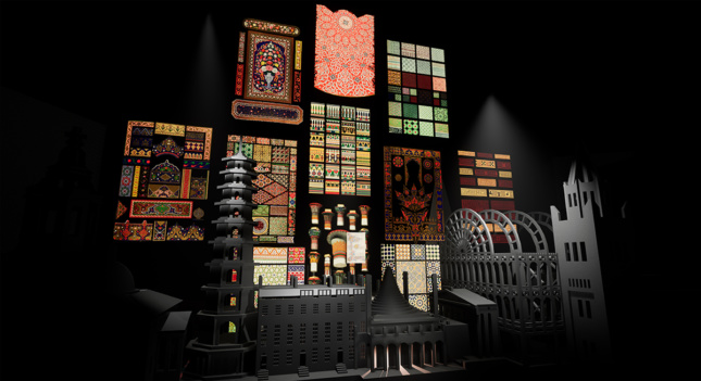 A 3D environment with a black architectural model and many stained glass windows.