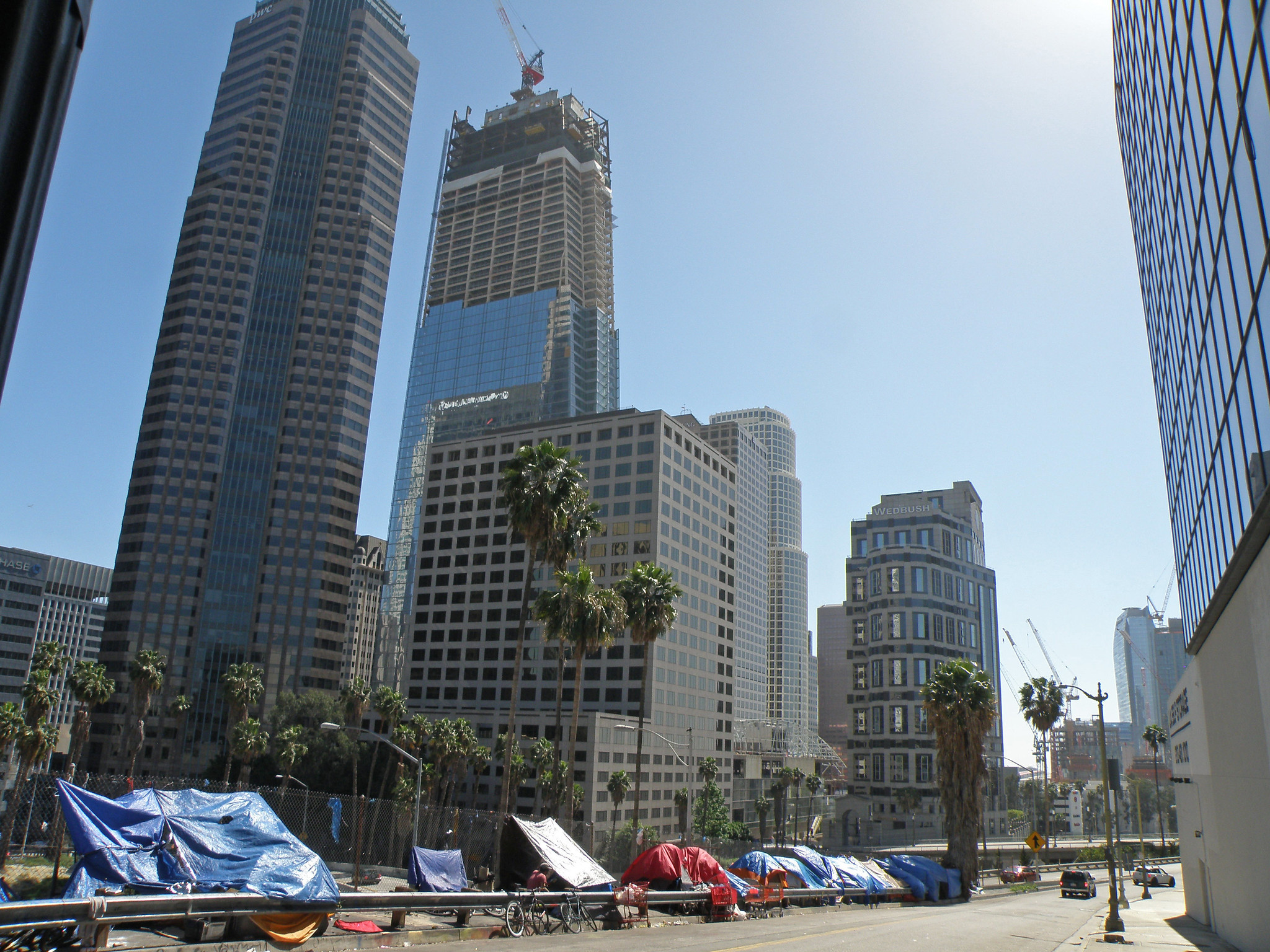 tents against the los angeles skyline