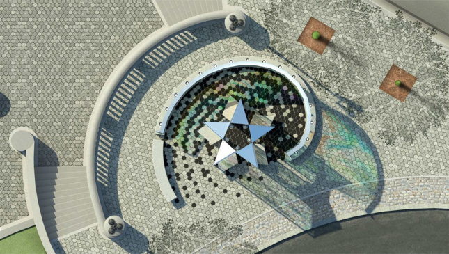 aerial rendering of the memorial showing a star in the center of a spiral