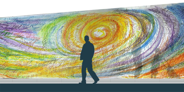 rendering of colorful swirl paintings on sloped wall