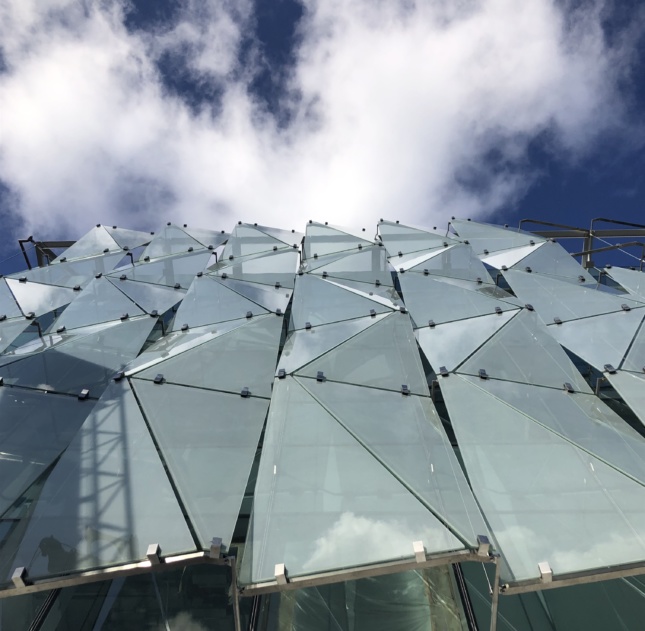 Construction image of the double skin glass facade looking up