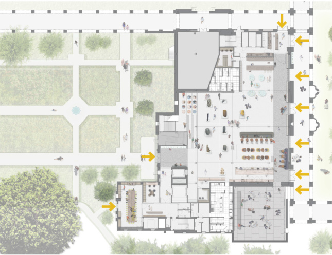 Aerial diagram of a museum floor plan between two green spaces