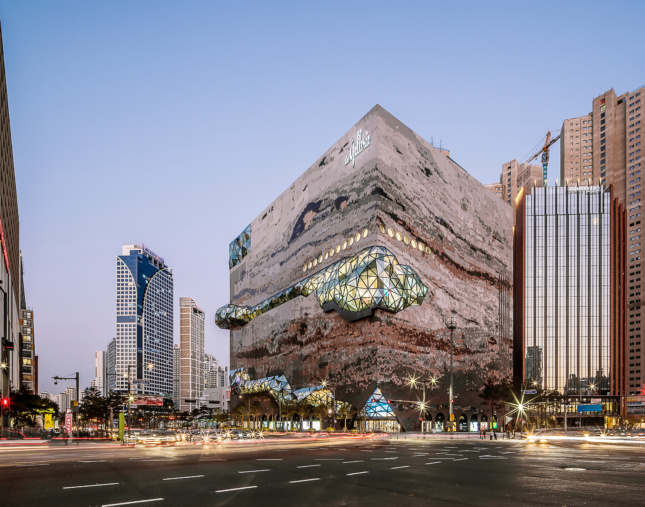 the exterior of a wild-looking department store in South Korea