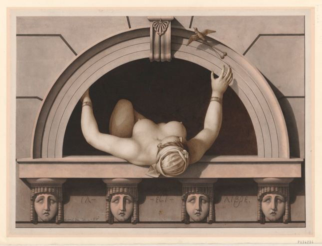 Architectural rendering of a topless woman leaning out of a window