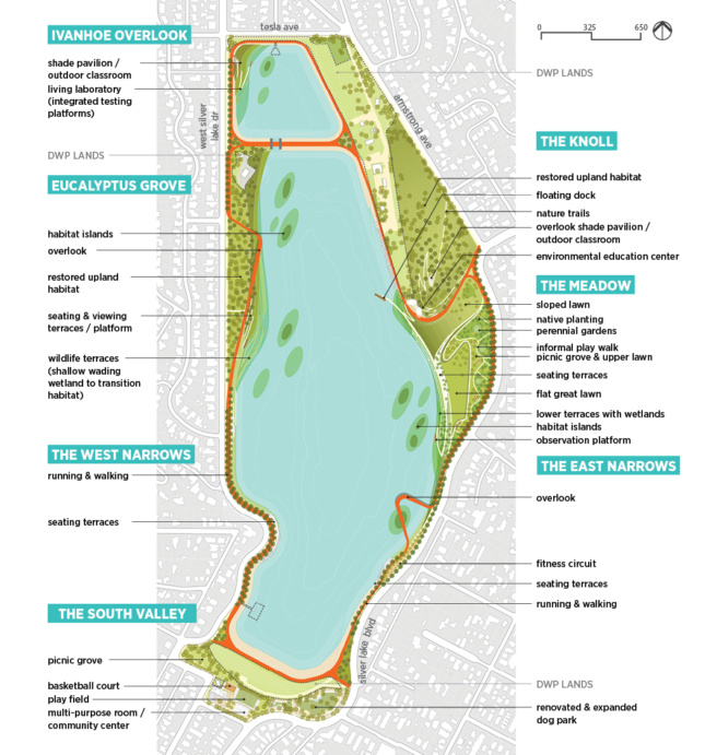 Map of park with two large bodies of water, detailing amenity upgrades