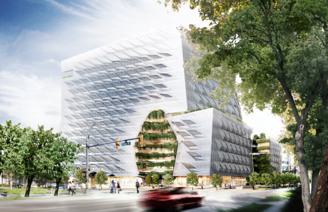 Rendering of 13-story headquarters with glass brise-soleil facade and public plaza, for lululemon