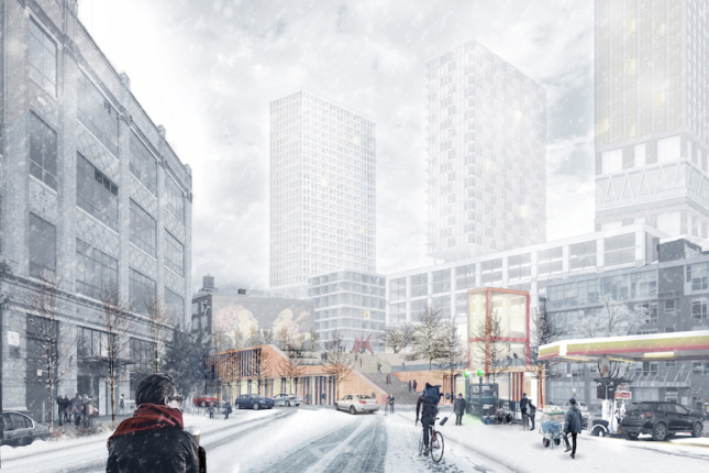 rendering showing a snowy day in NYC with pronged towers on a base in the background