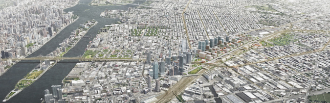aerial view of proposed development in queens, nyc, showing Sunnyside Yard, a long strip of greenway