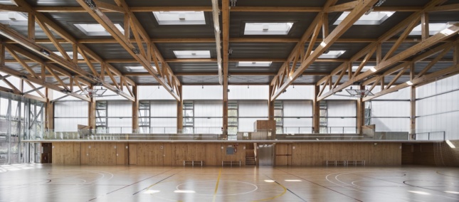 a wooden sports court