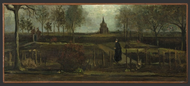 the 1884 vincent van gogh painting The Parsonage Garden at Nuenen in Spring