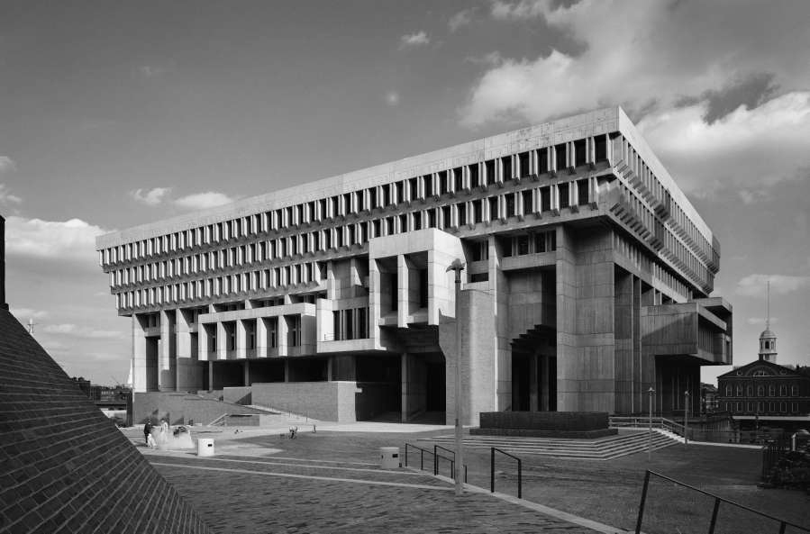 Boston City Hall, designed by Michael McKinnell, in black and white