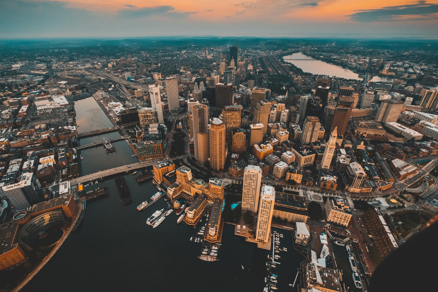 Aerial wide angle shot of Boston