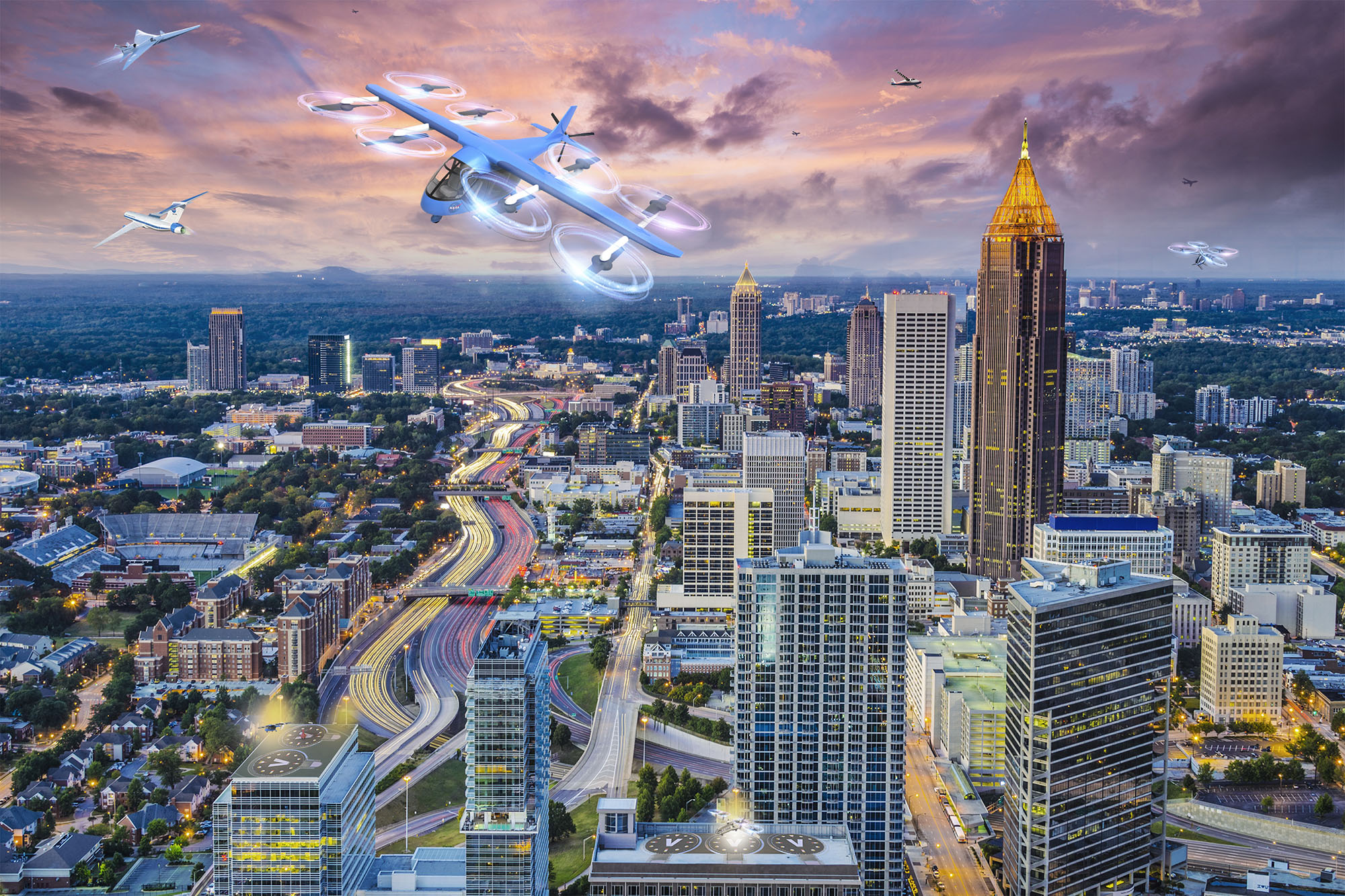 Drones and flying car buzzing by downtown Atlanta, part of a speculative NASA project