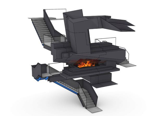 Illustration of fireplace with staircases and walkways