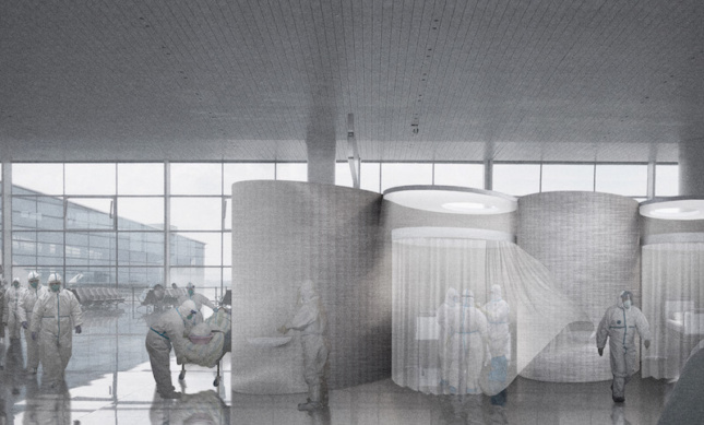 conceptual rendering of an emergency hospital in an airport