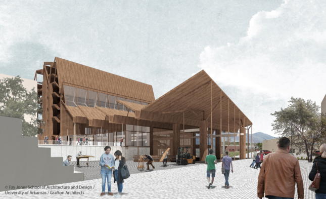 Exterior rendering of an all-timber building with gabled roof line and canopies