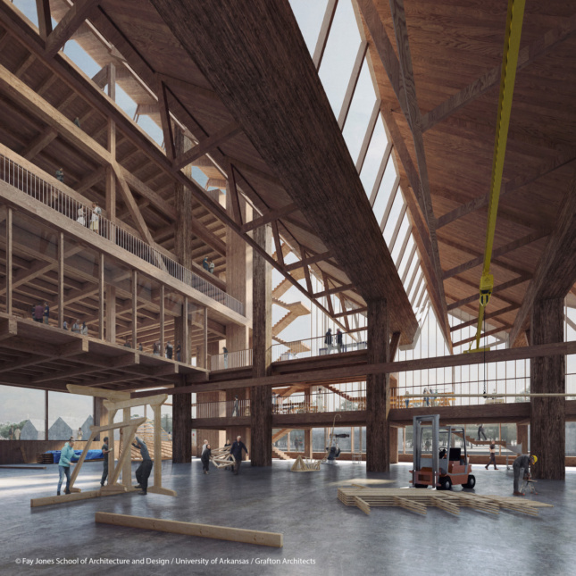 Interior rendering of a long timber hall with exposed struts and beams