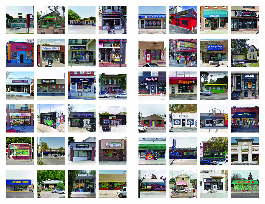 Grid of dozens of photos of head shop storefronts