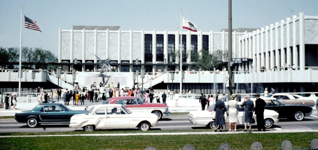 cars and people in front of museum buildings at LACMA