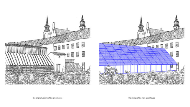 Illustrations of plans to restore a historic greenhouse